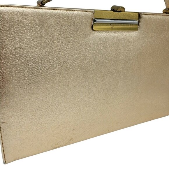 Vintage Metallic Gold Handbag Clutch Evening Bag Stiff Body Snap Closure Satin - Picture 3 of 12